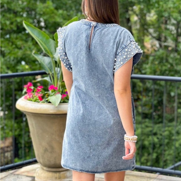 Free people- Bibi Denim Pearl Detail Mini Dress- Womens Size M #510-10 - Picture 3 of 14